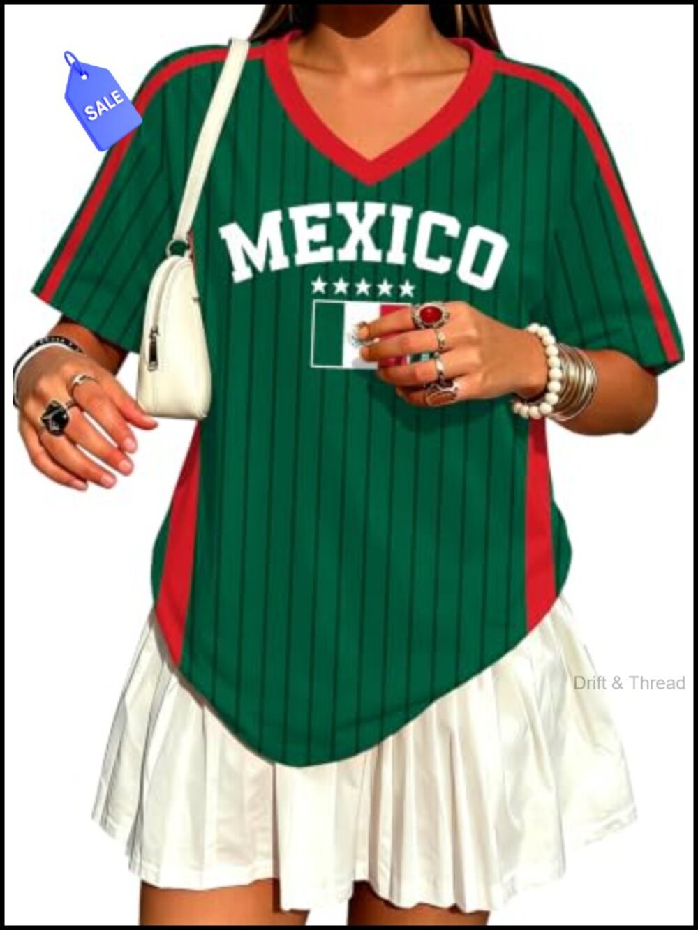 Oversized Mexico Flag Graphic V-Neck T-Shirt Women's Soccer Jersey
